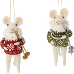 Assorted felt mouse ornament with ski poles, 4.25in