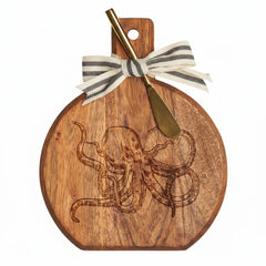 Acacia Wood Serving Board with Gold Spreader Knife - Octopus Design