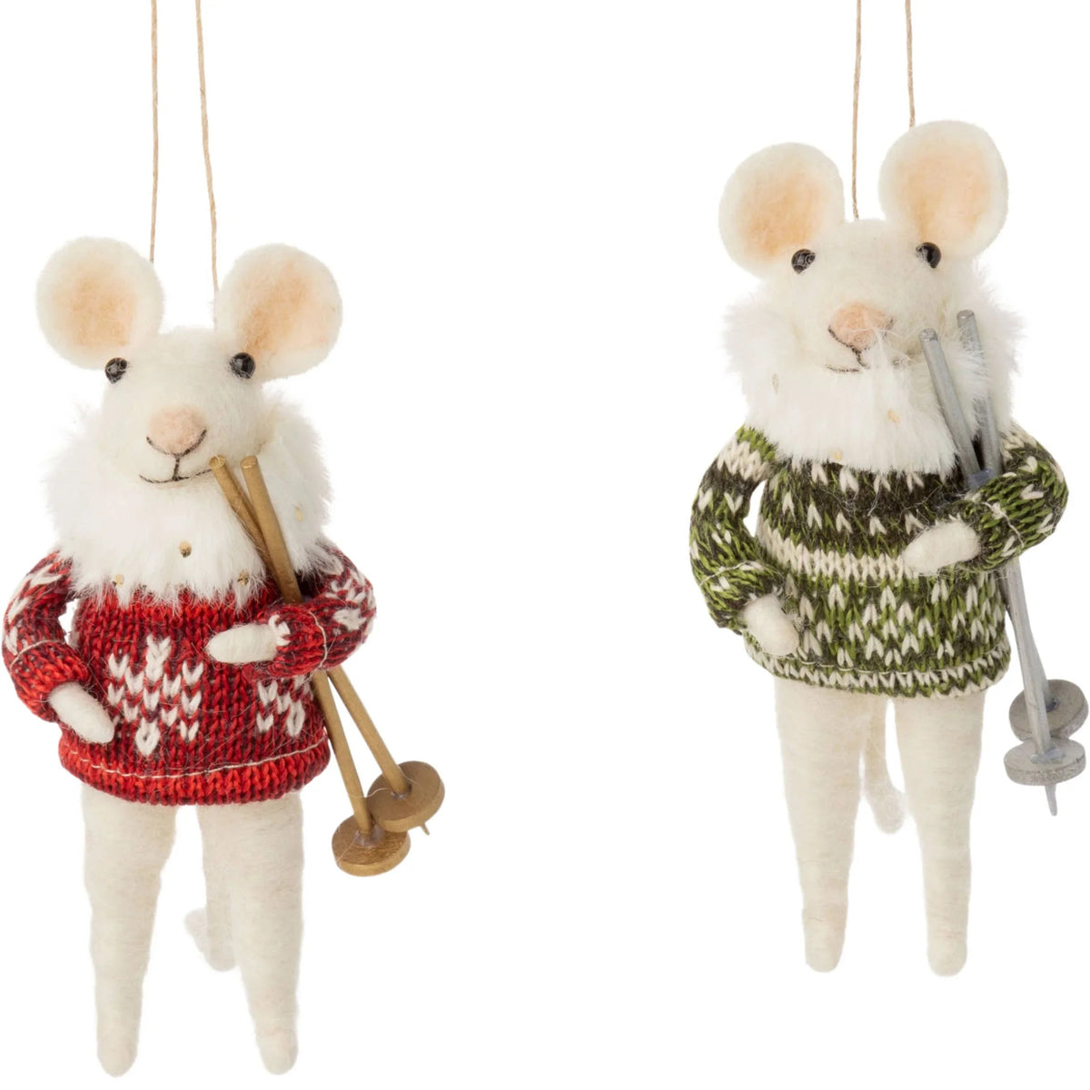 Assorted felt mouse ornament with ski poles, 4.25in