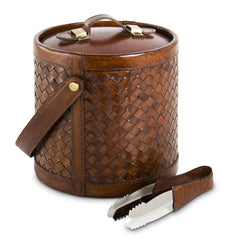 9" Tan Leather Basket Weave Ice Bucket w/Tongs