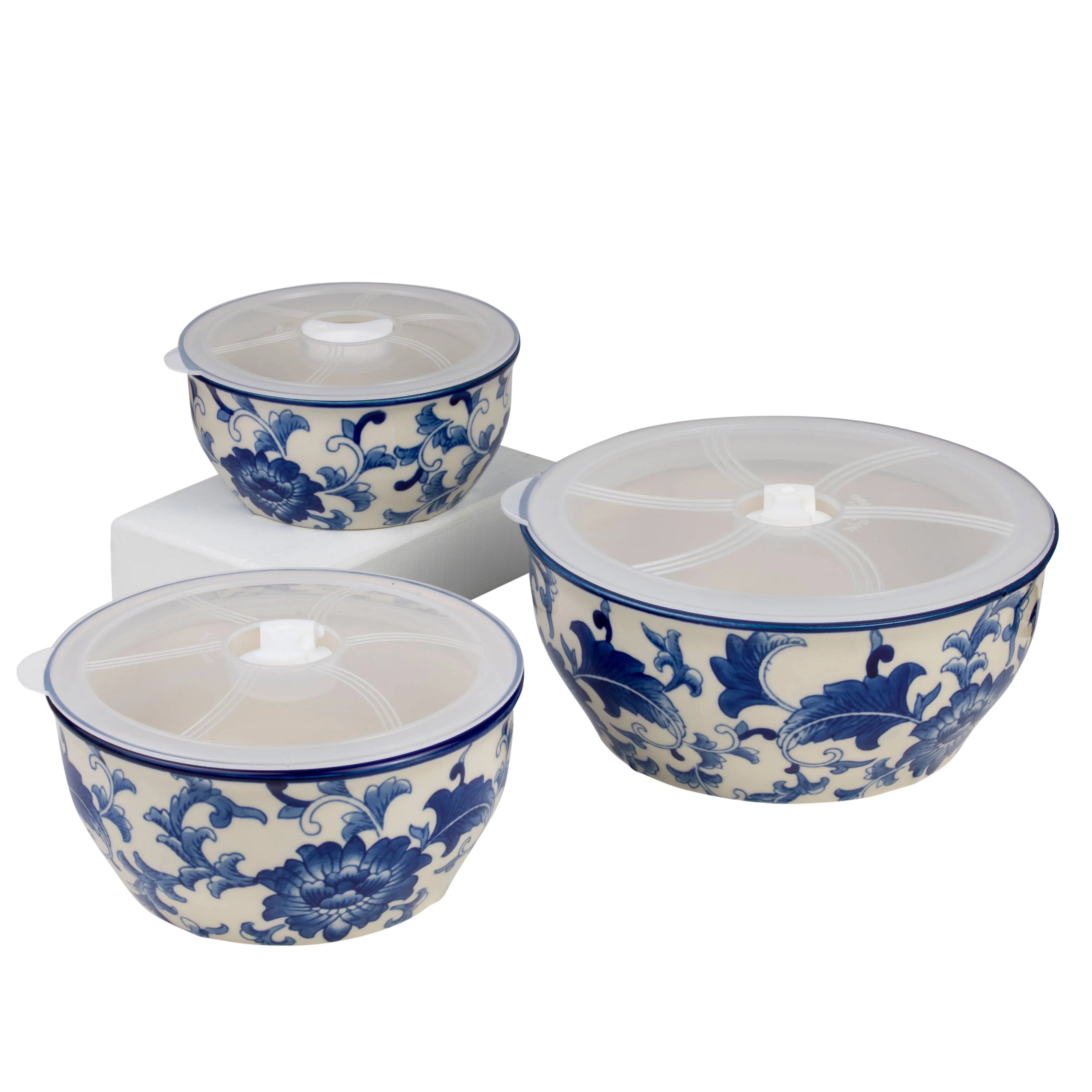 Blue Garden Blue and White Stoneware Storage Bowls, Set of 3