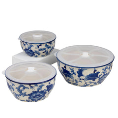 Blue Garden Blue and White Stoneware Storage Bowls, Set of 3