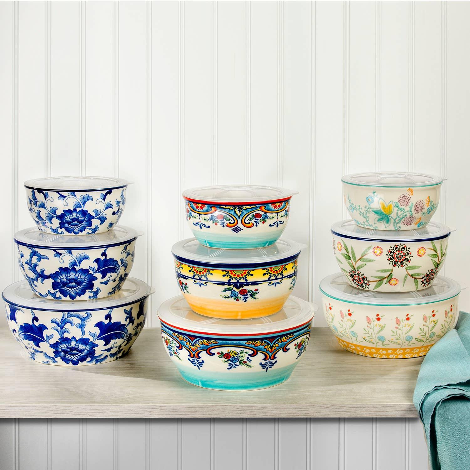 Blue Garden Blue and White Stoneware Storage Bowls, Set of 3