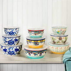 Blue Garden Blue and White Stoneware Storage Bowls, Set of 3