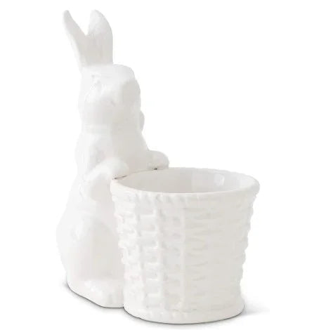 6" White Ceramic Bunny Holding Basket