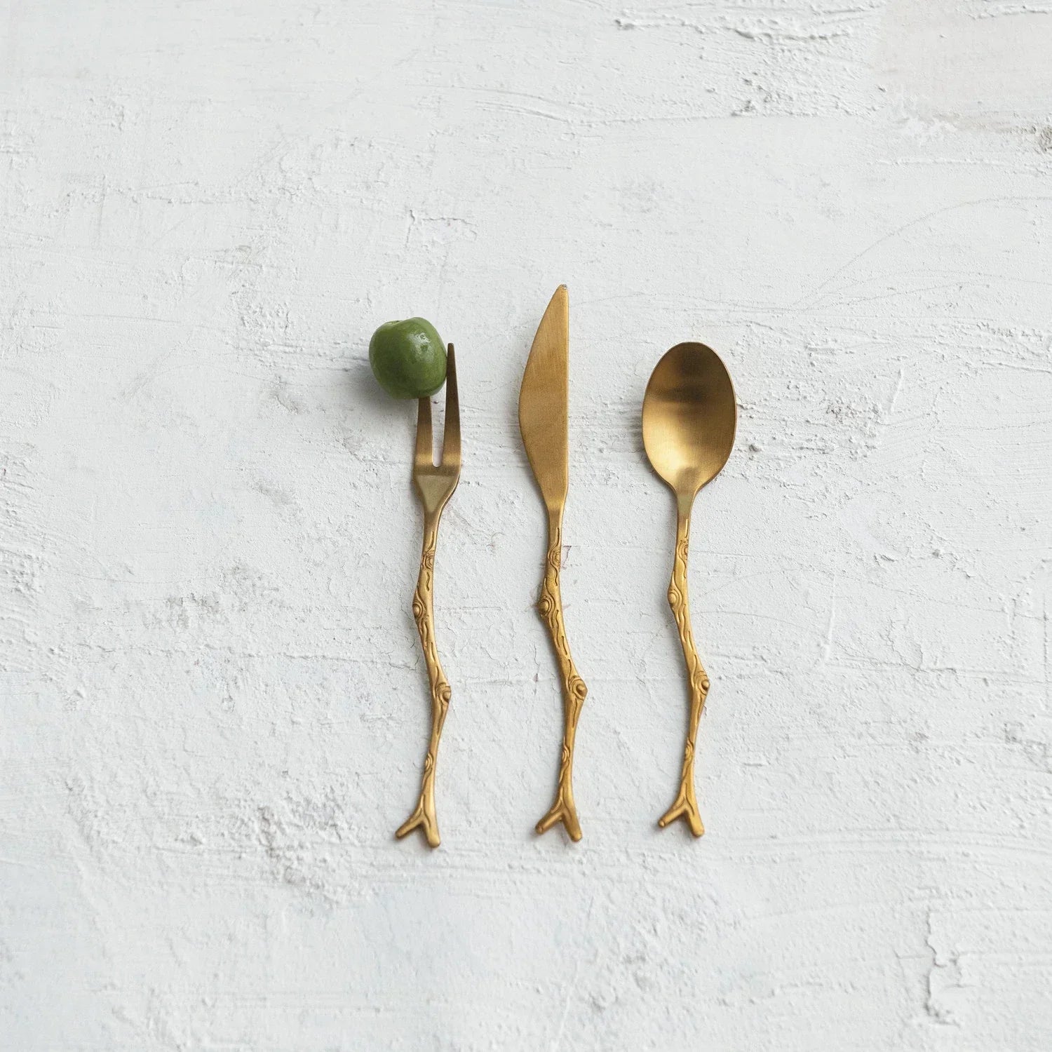 Appetizer Utensils with Twig Shaped Handles, Gold, Set of 3