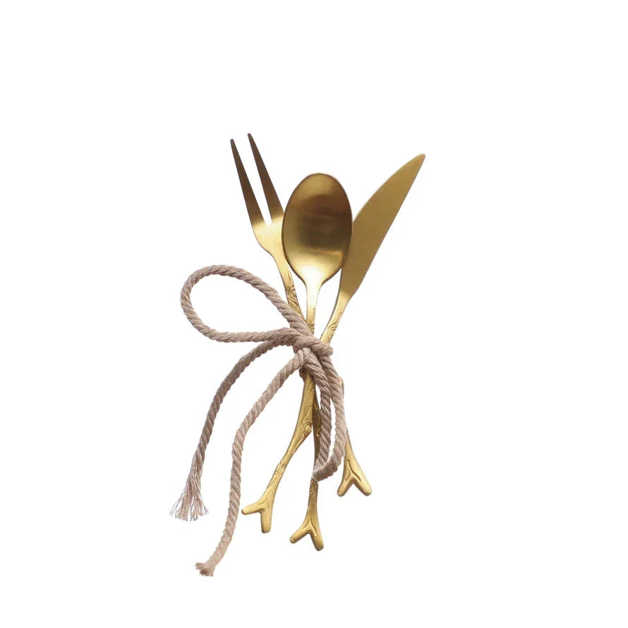 Appetizer Utensils with Twig Shaped Handles, Gold, Set of 3