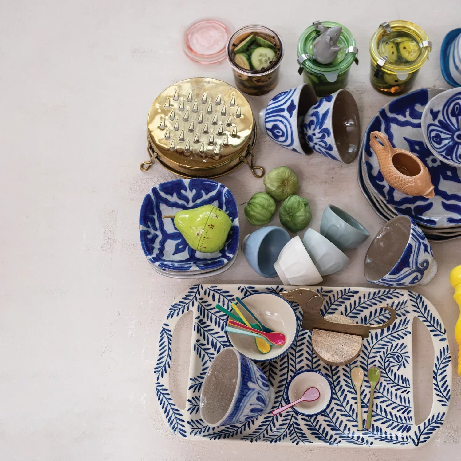 Blue & White Stoneware Tray Botanical Pattern