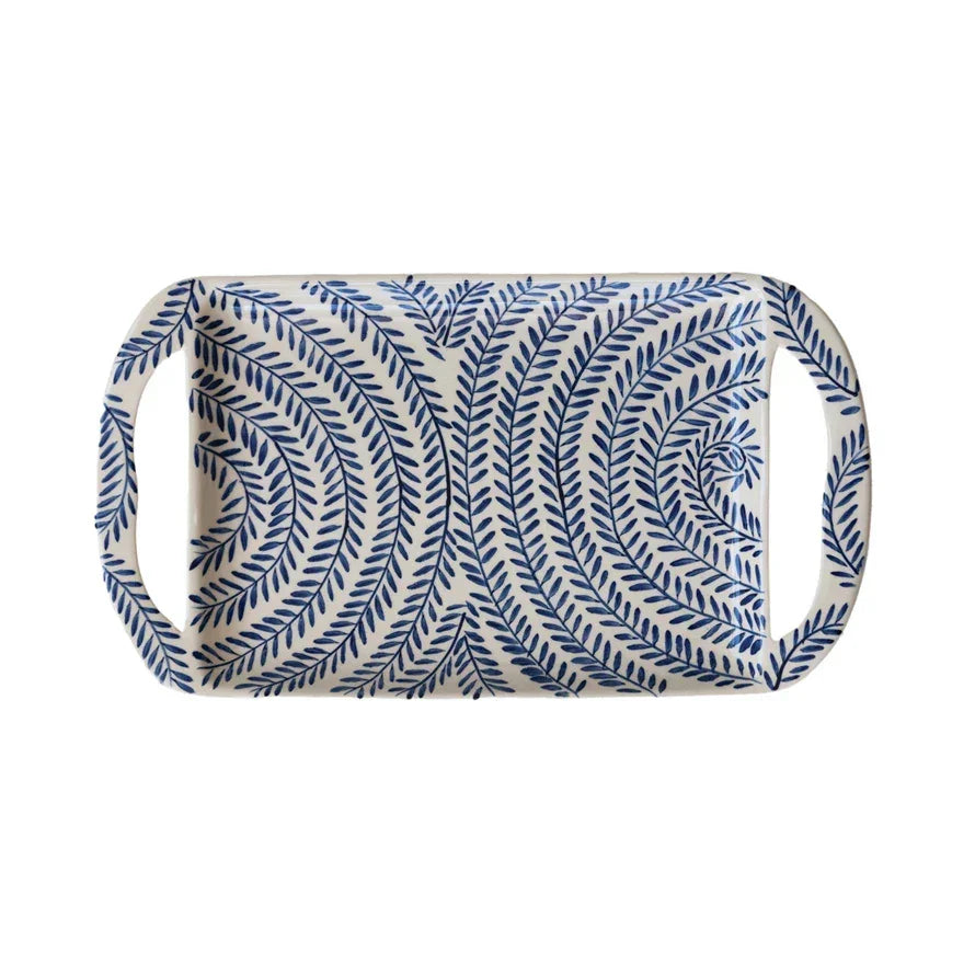 Blue & White Stoneware Tray Botanical Pattern