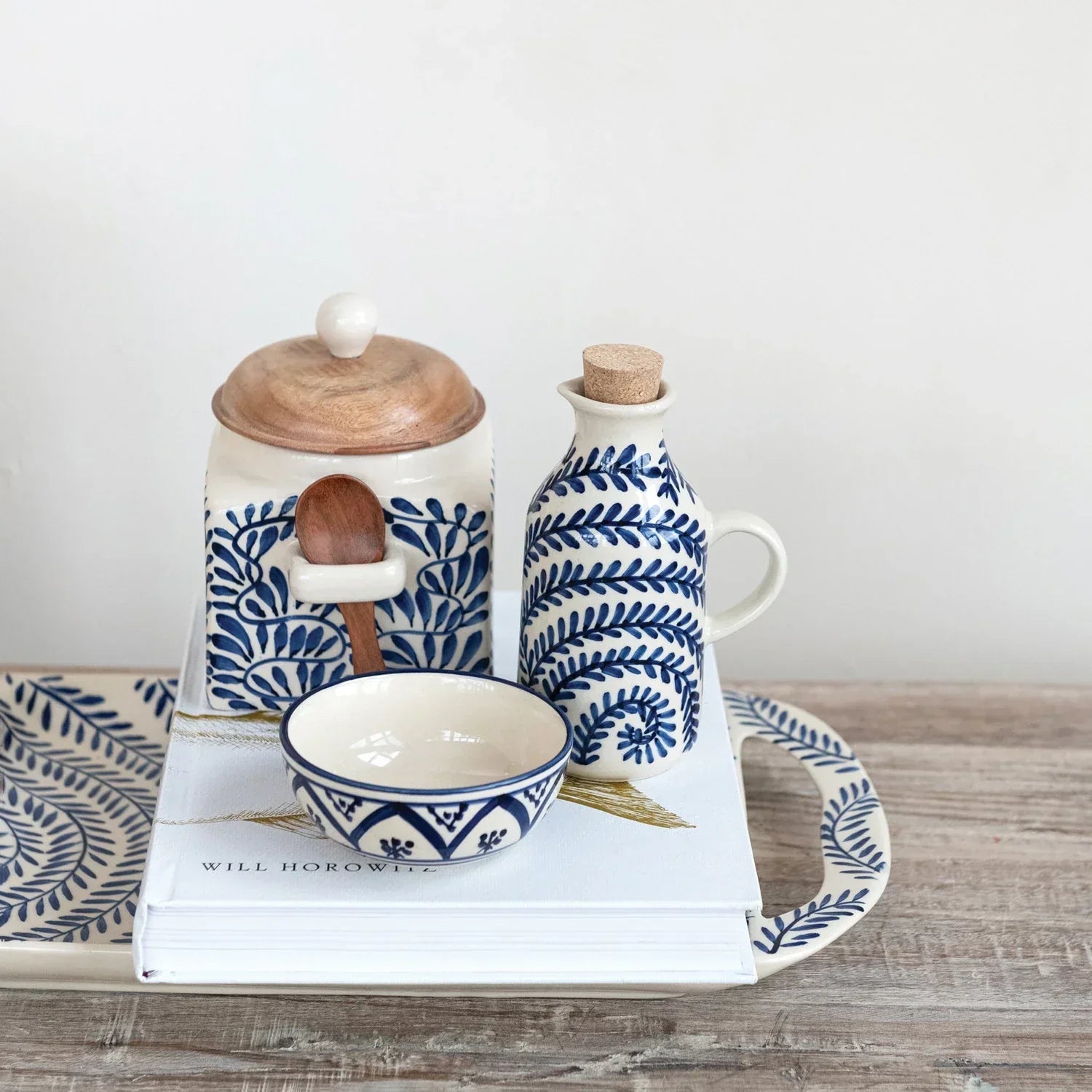 Blue & White Oil Cruet w Cork Stopper 8 oz