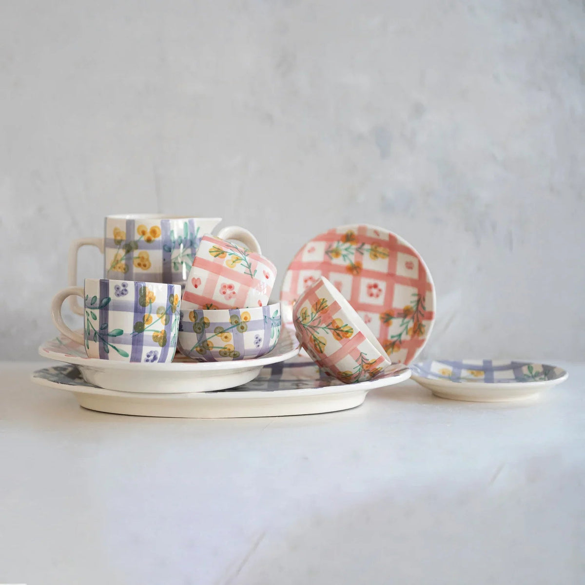 12 oz Hand-Painted Stoneware Mug with Grid & Botanicals