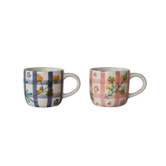 12 oz Hand-Painted Stoneware Mug with Grid & Botanicals