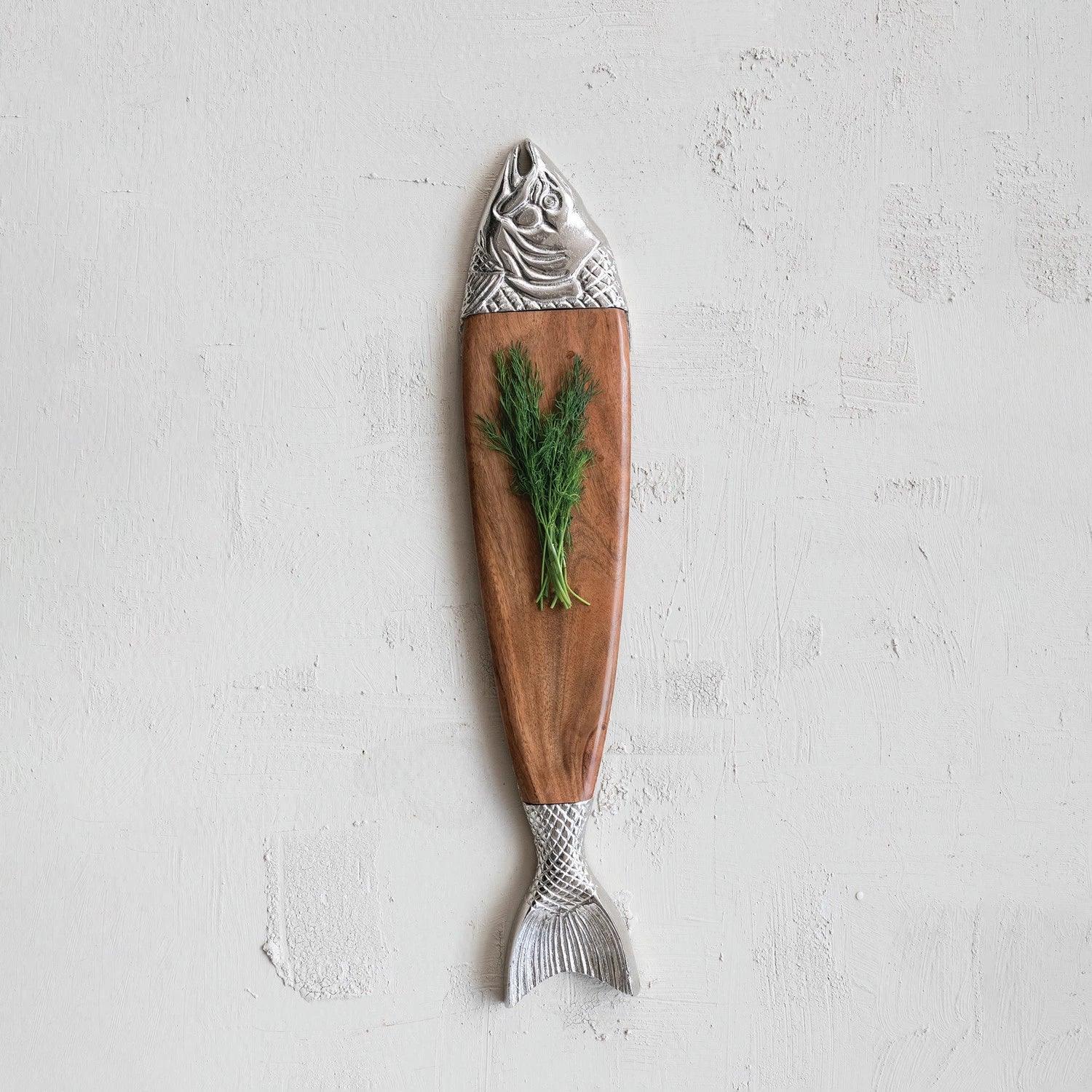 Acacia Wood & Cast Aluminum Fish Shaped Cheese/Serving Board, Natural & Nickel Finish