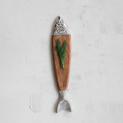 Acacia Wood & Cast Aluminum Fish Shaped Cheese/Serving Board, Natural & Nickel Finish