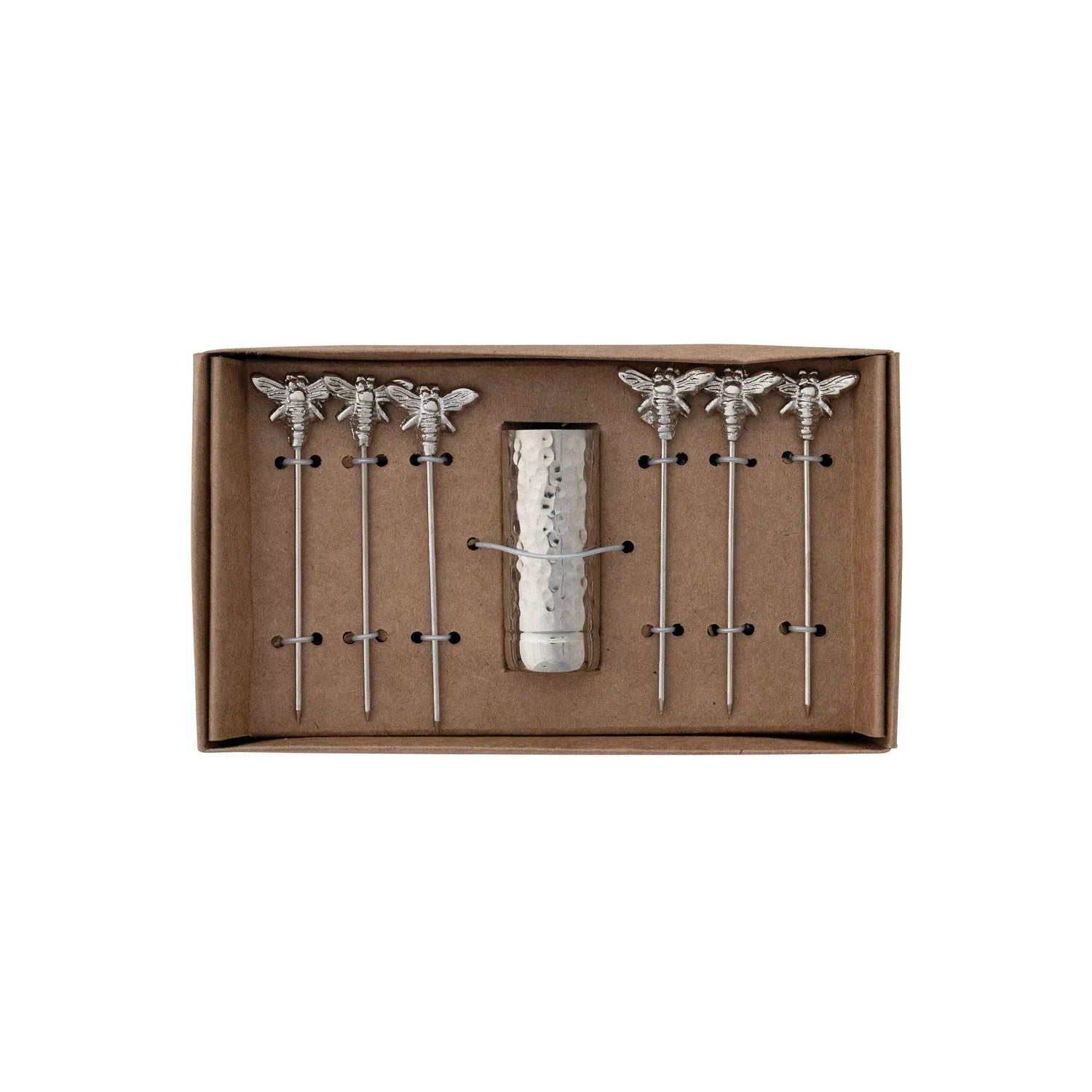 Aluminum Holder with (6) Stainless Steel Appetizer Picks with Bee Handles, Boxed Set of 7