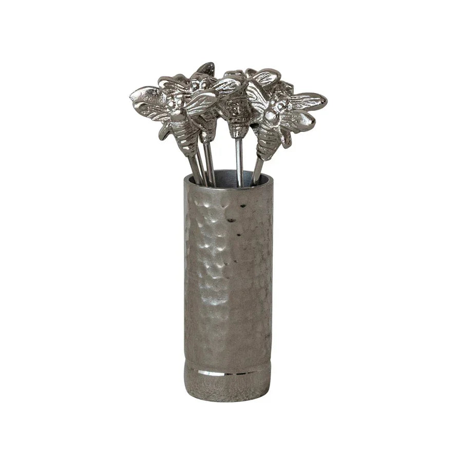 Aluminum Holder with (6) Stainless Steel Appetizer Picks with Bee Handles, Boxed Set of 7
