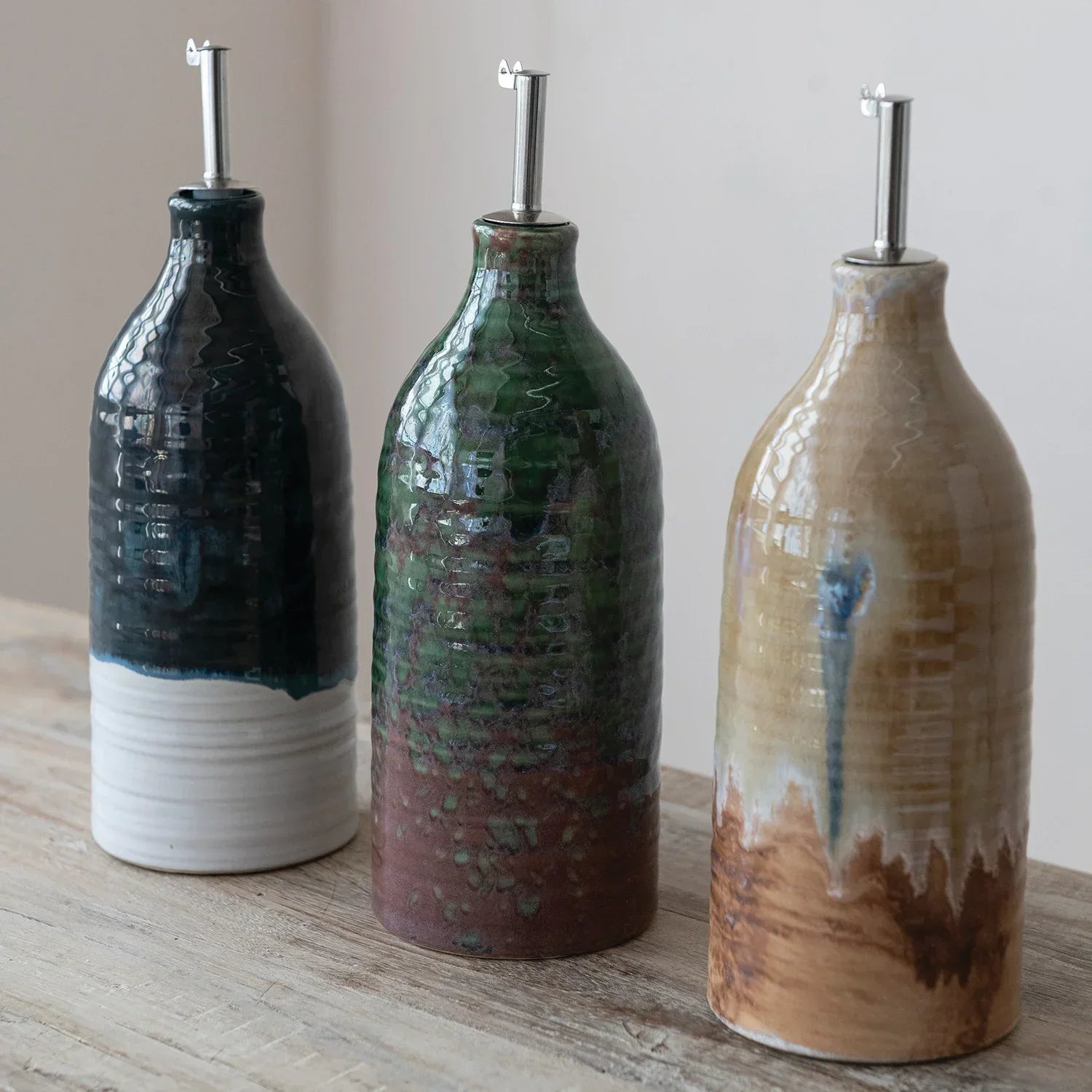 26 oz. Stoneware Oil Cruet with Stainless Steel Spout, 3 Colors