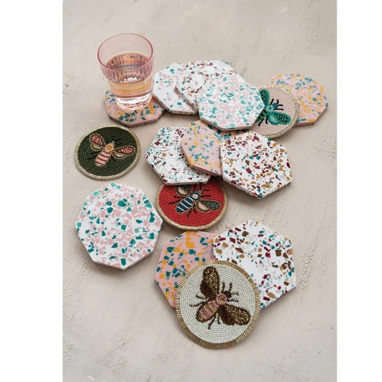 Beaded Round Glass Coasters, set of 4